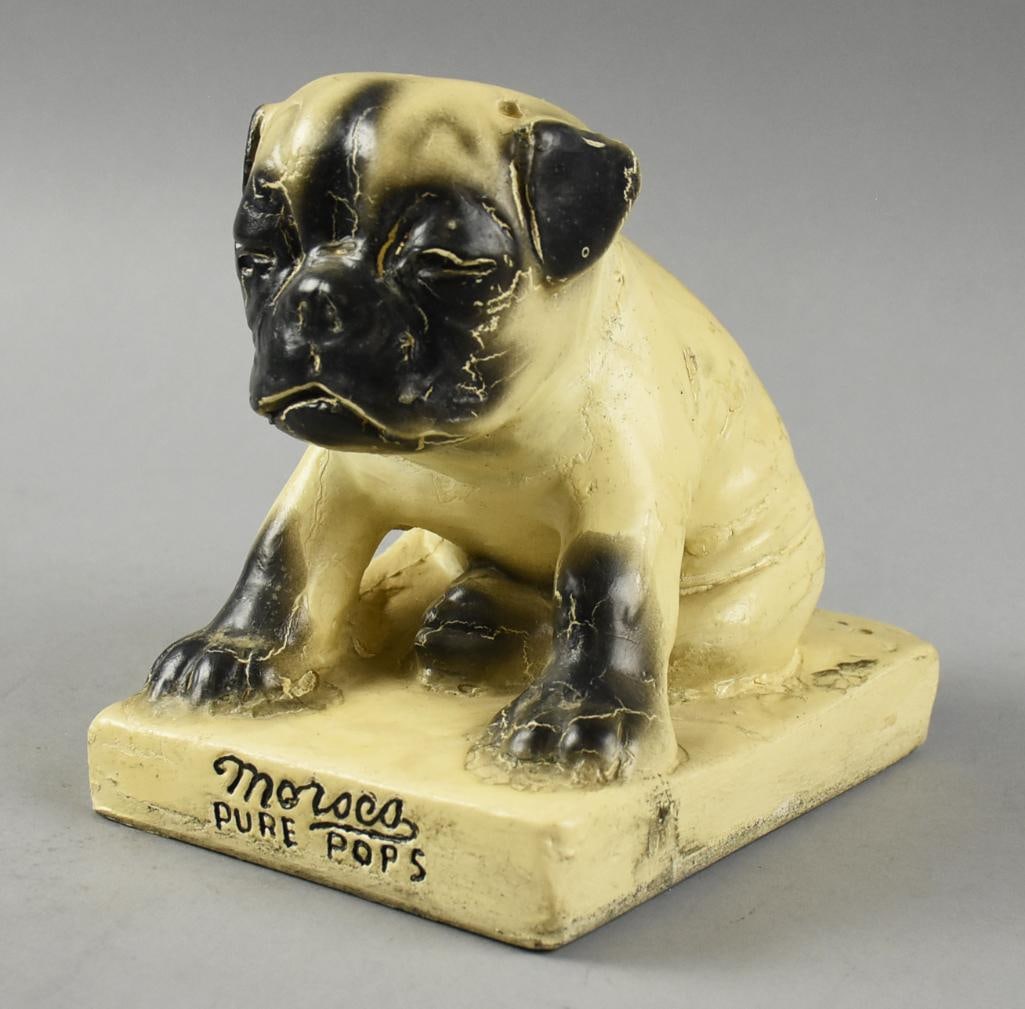 Vintage Morses Pure Pops Lollipop Store Display: Darling vintage store display for Morses Pure Pops. Chalkware sitting dog, appears to be a pug. Holes in back for lollipop sticks. Brand name on front and painted with black accents. Measures approx.