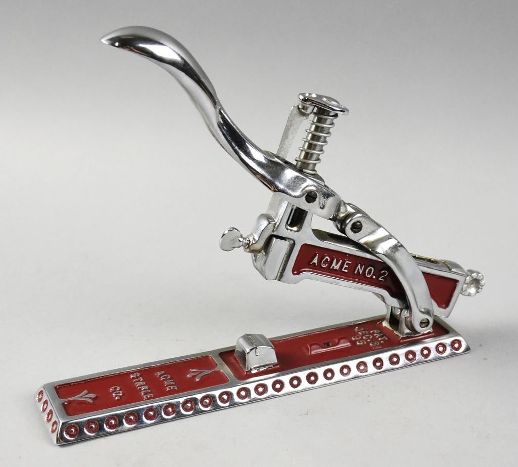 c1895 Acme Staple Co, Chrome No. 2 Stapler: This is an awesome restored antique stapler. It is from Acme Staple Co. Ltd. Appears chrome with burgundy enamel paint. The No. 2 stapler with a patent date of December 31, 1895. Measures approx. 7"