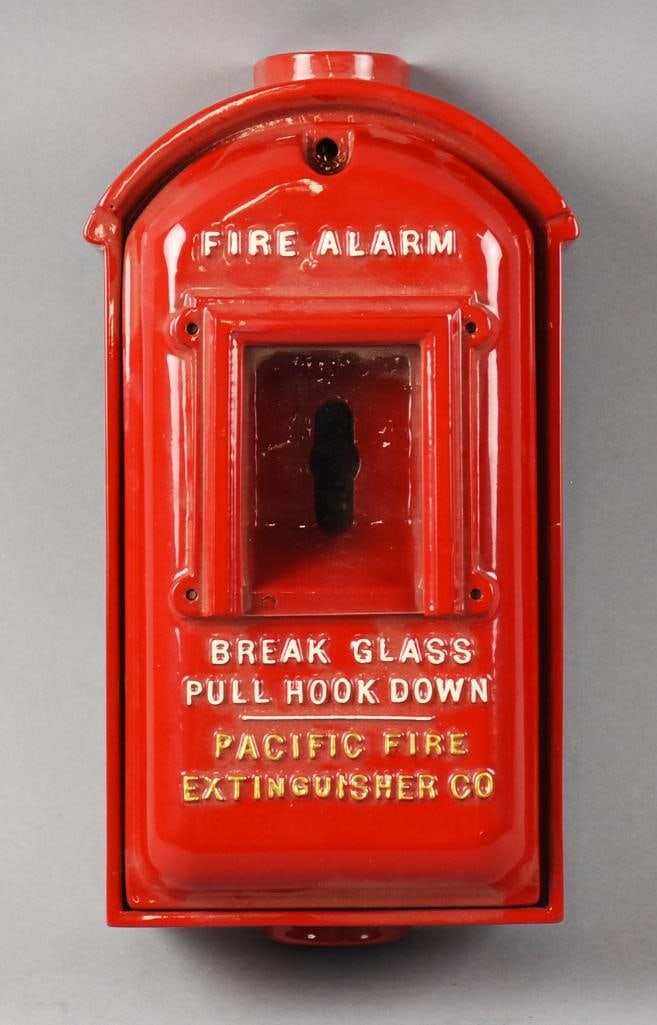 Vintage Pacific Fire Extinguisher Co. Fire Alarm Box: Very cool vintage fire alarm box from Pacific Fire Extinguisher Company. It has been mostly restored with new bright red enamel and white and yellow lettering on the embossing. Measures approx. 10" x