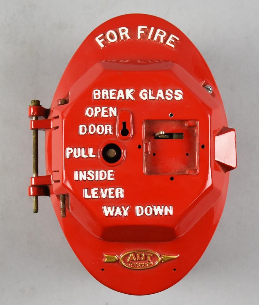 Vintage ADT Fire and Watchbox Restored: Great looking fire alarm box from ADT. It is a Fire and Watchbox restored with rich red enamel paint and white embossed lettering. Measures approx. 9" x??6" x 5.5". From the home of a professional