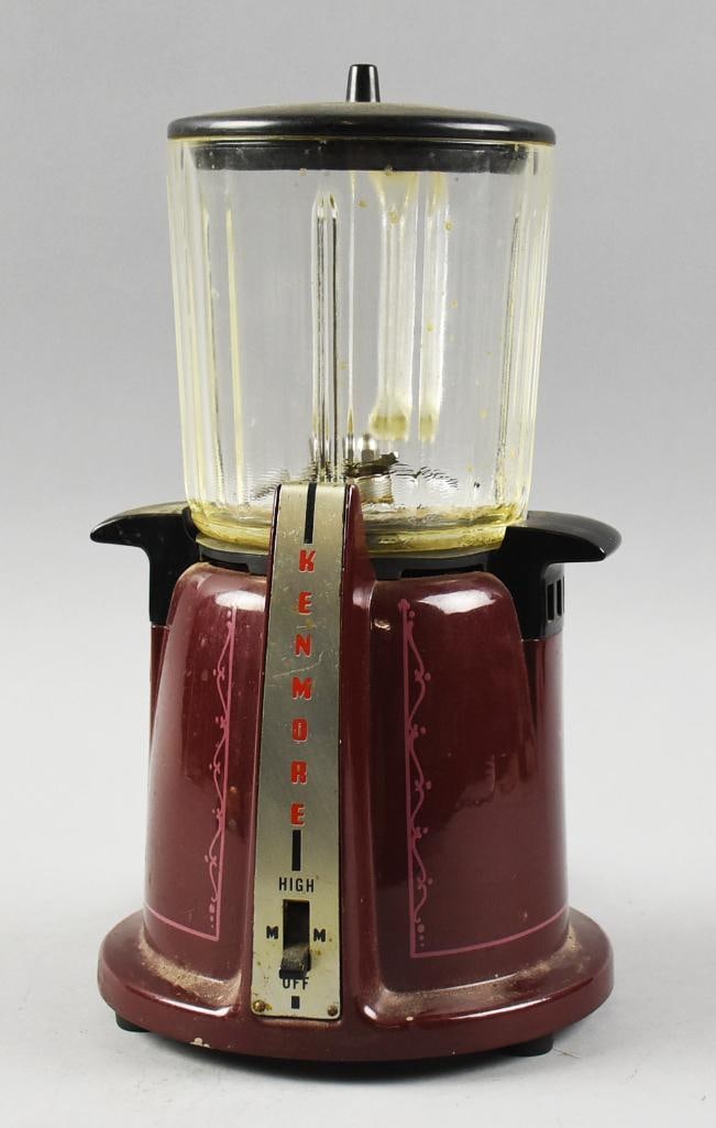 1952 Kenmore Sears Roebuck Blender, Model 116, Restored: This great blender is from Sears, Roebuck & Co, Kenmore. It is model 116-82421, date stamp of 4 52, making it April, 1952. It has been restored with a rich burgundy with pink accents. Front plate is