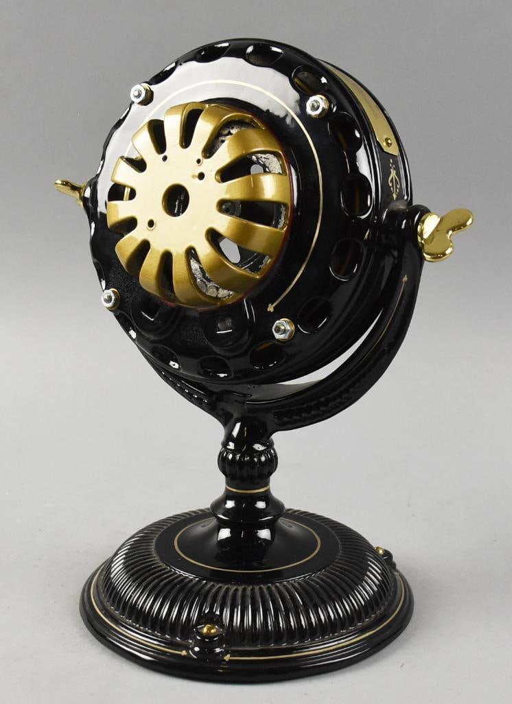 c1900 General Electric Alternating Current Fan Motor, Restored: This great piece has been fully restored and just ready for the rest. It is a General Electric Alternating Current Fan motor. It is a shiny black enamel with hand painted gold pinstripes.?From the hom