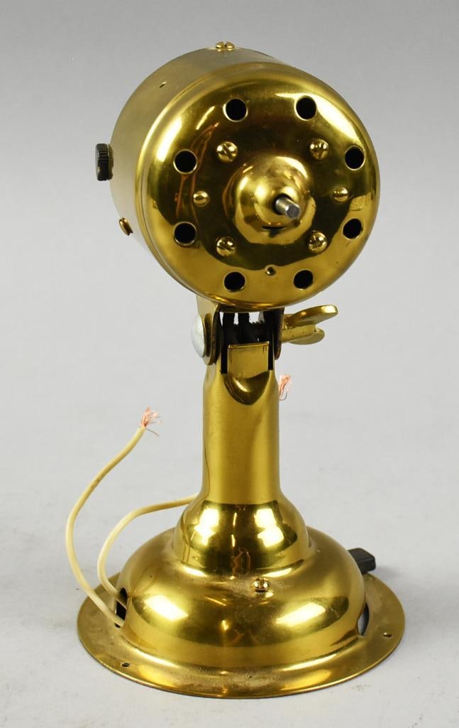 Antique Polished Brass Fan Motor, Restored: Beautiful fan motor in polished brass. Restoration is incomplete, no manufacturer plate and no electrical cord. But motor spins freely. From the home of a professional antique restorer.