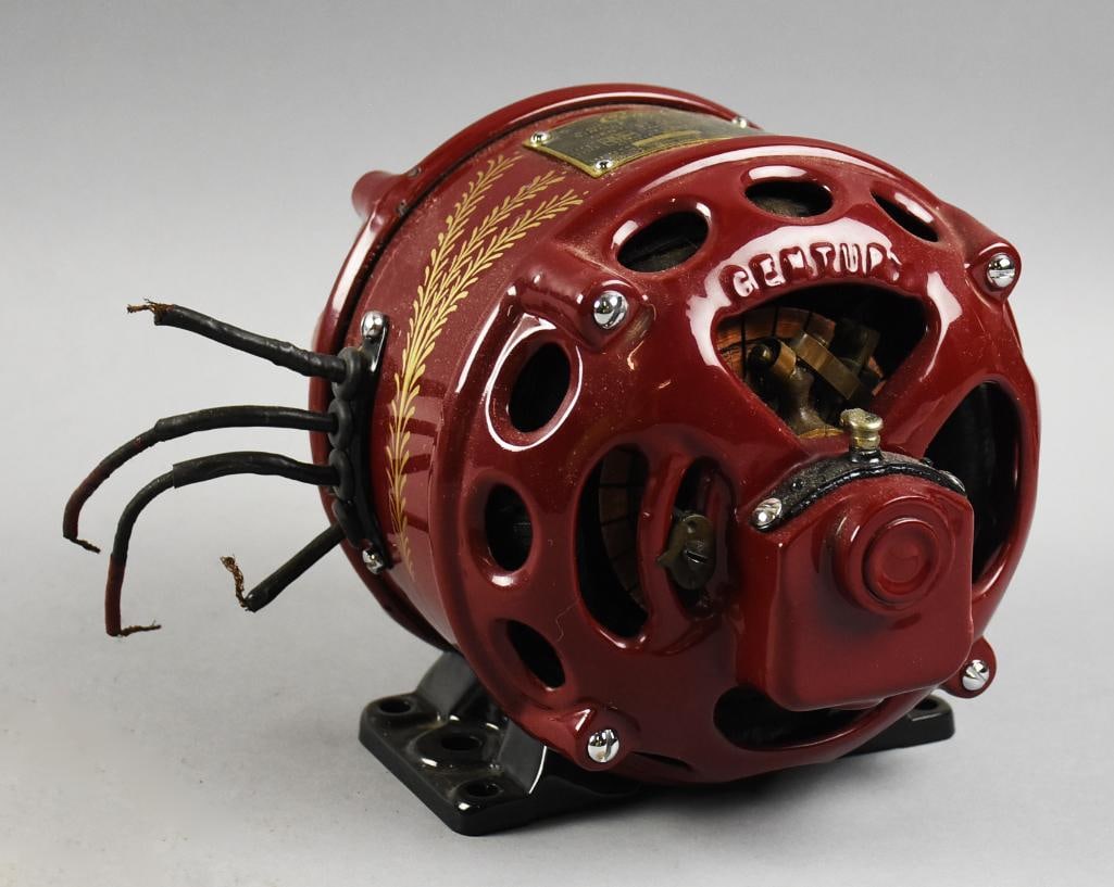 c1950 Century Electric Co. Repulsion Start Fan Motor, Restored: This great motor is from Century Electric Co. It is from the early 1950s and appears to be fully restored. Red enameled with gold pinstripe accent details and embossed CENTURY on back. Wiring all