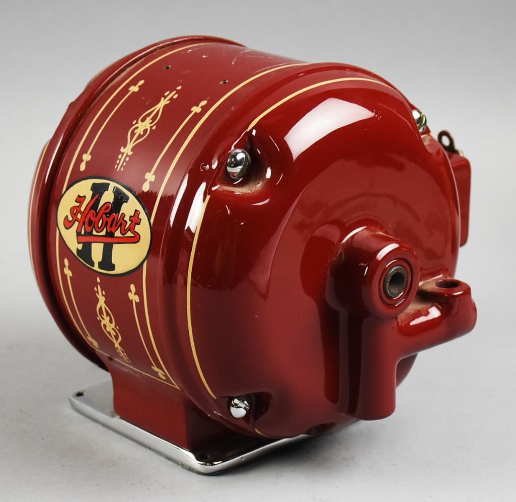 Antique Hobart Fan or Utility Motor, Restored: Very cool mostly restored Hobart motor for desk fan or a utility motor. Rich red enamel with pinstripe details. Fancy graphic company name all hand painted. Measures approx. 7" x 7". From the home of