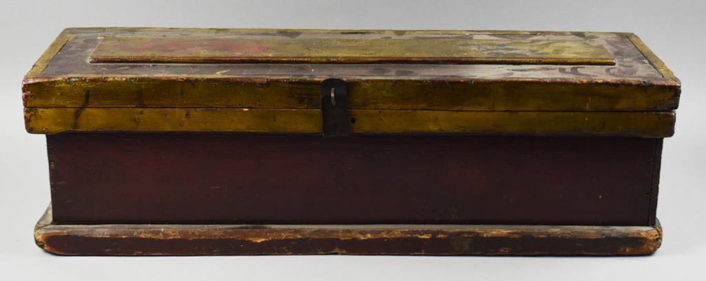 Antique Primitive Solid Wood Tool Chest: This awesome piece is primitive antique tool chest. Hand crafted, hinged lid with lock hardware. Two removable narrow trays with deep storage. Painted wood, deep maroon body with yellow trim. No