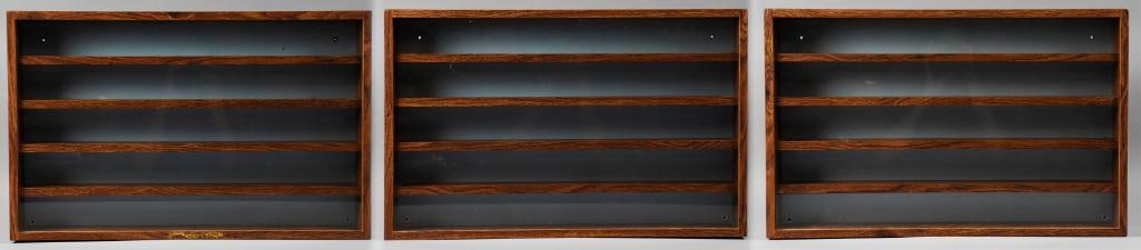 3pc Solid Wood Display Shelving w Plexiglass: These 3 solid wood shelves are great for displaying small knickknacks or small model cars. They are wooden with five shelves inside and are enclosed by plexiglass to keep the dusting chores to a