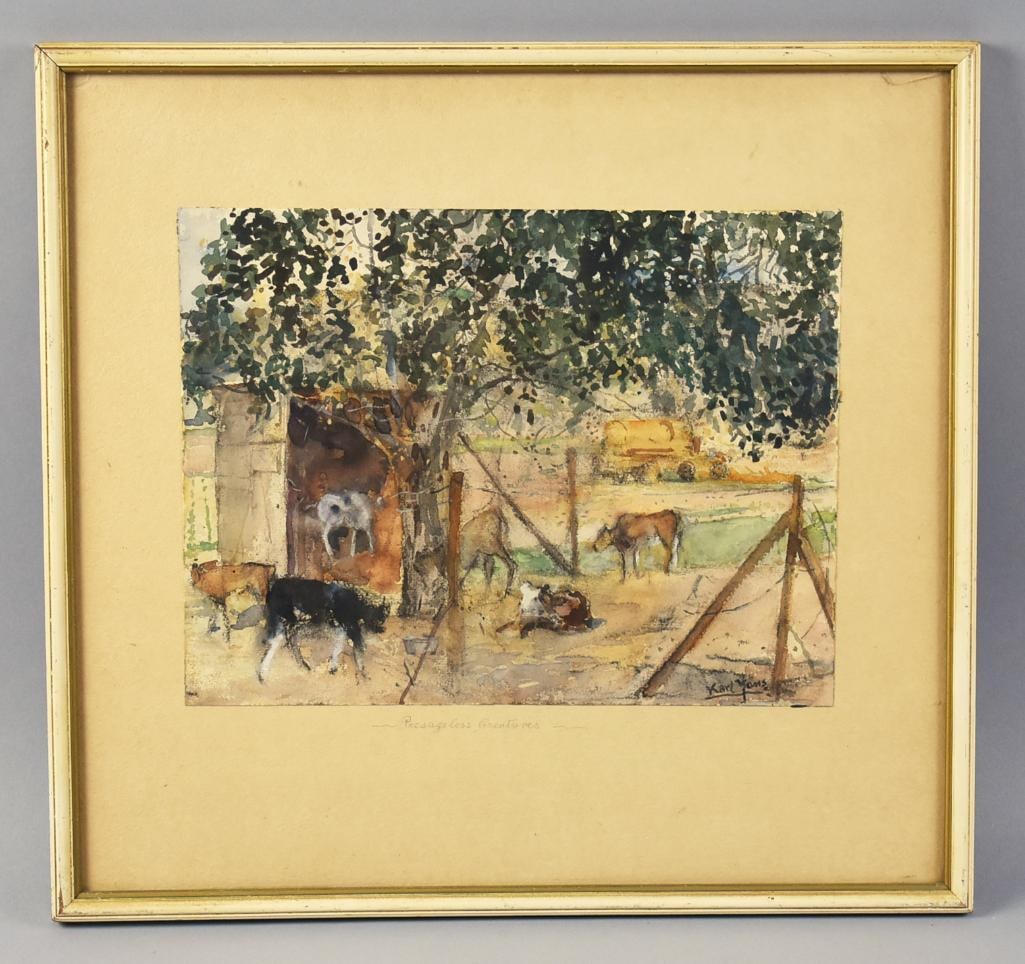Karl Yens (1868-1945) Cattle Ranch Watercolor: This wonderful painting is from German born muralist and watercolor artist Karl Julius Heinrich Yens (1868-1945). Watercolor painting of a cattle ranch with hay shed. It is signed in the lower right c