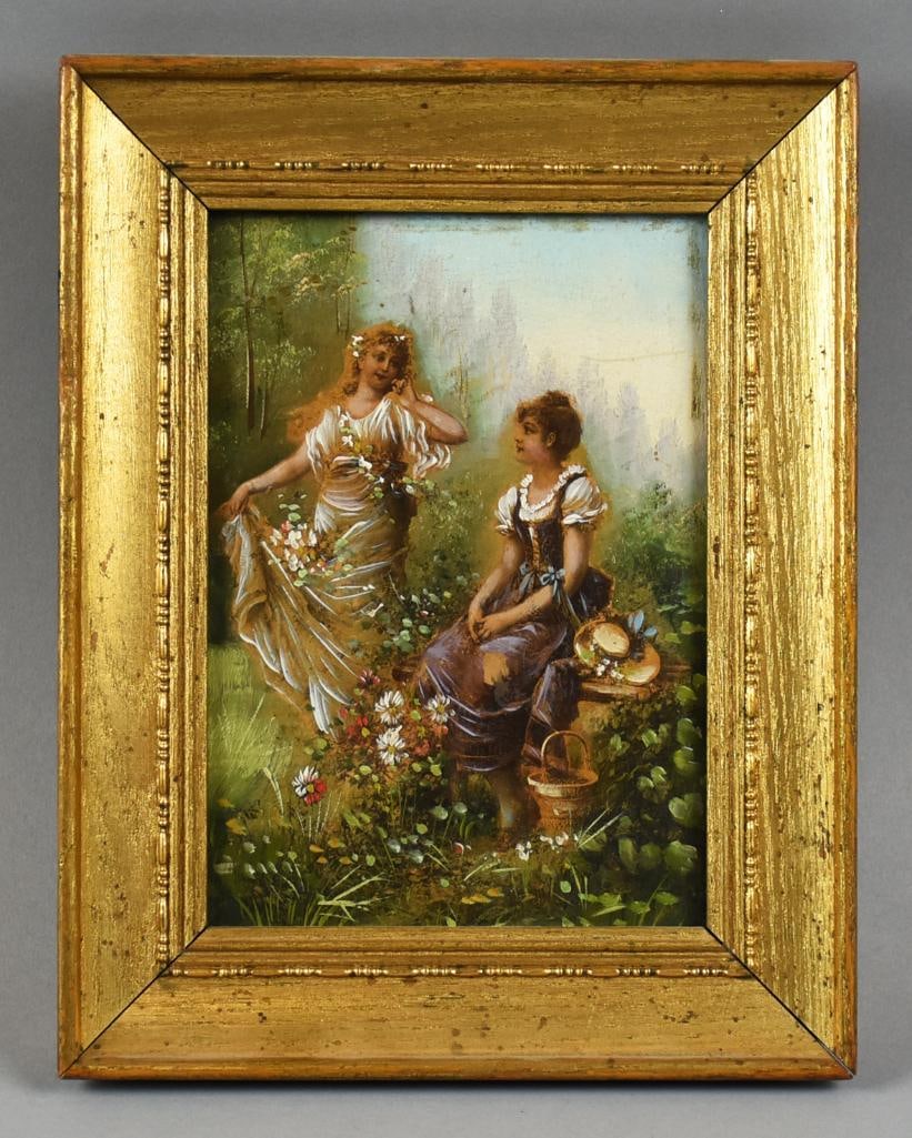 N. F. Bernard (19th Century) "Flora's Farewell" Oil on Board: Terrific painting by N. F. Bernard (19th Century) believed to be French. Bernard is calling his piece "Flora's Farewell" with two young ladies amongst the flowers. It is an after Hans Zatzka from