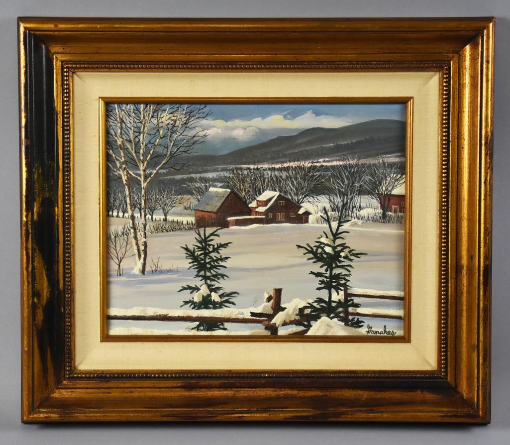 Constantine Ganakes (b1935) Disney Artist Oil on Canvas: This wonderful painting is from Disney artist and visual effects artist Constantine "Deno" Ganakes (b1935). This oil on canvas is a snowy landscape with bare trees and a remote home with a mountainous