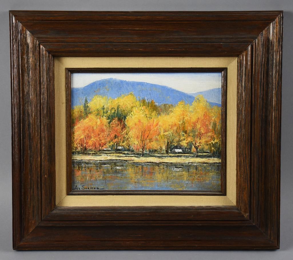 Albert Stetter (1907-2008) Disney Artist Oil on Canvas: Terrific original painting from California and Disney artist Albert Stetter (1907-2008). Canvas painting titled Canadian Autumn. Landscape with orange and golden trees behind a body of water. It is