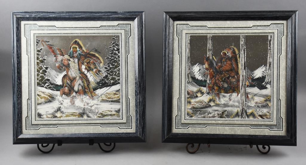 Gary Blue Horse Lee (b1957) Warrior Snow Sandpaintings: These amazing pieces of art are from Navajo artist Gary Blue Horse Lee (b1957). Both of these pieces are called Warrior Snow scenes, with the lighter piece being called Victorian's Return. Each comes