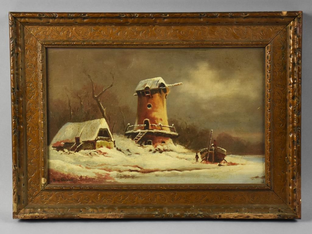Brother Robert Winter Landscape Oil Painting: Wonderful painting that appears to be a copy of a Theodor Fabricius (19th century). Snowy landscape with small building and lighthouse and a boat on shore. It is signed "Bro. Robert" with a hand writt