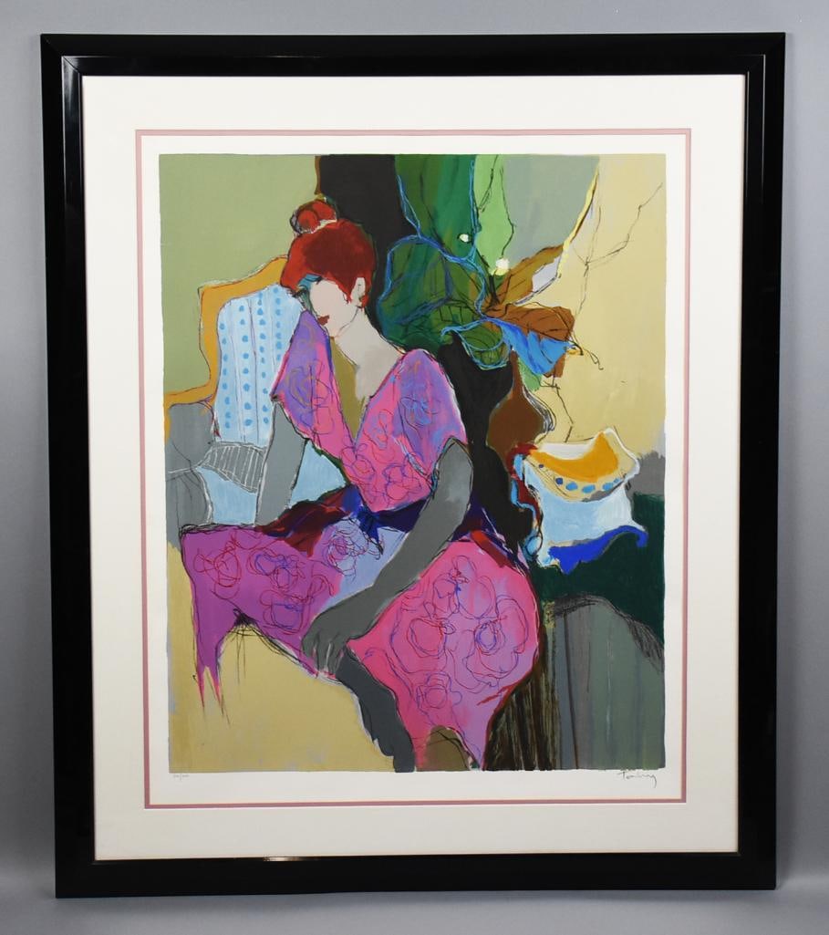 Itzchak Tarkay (1935-2012) Woman with Red Hair Ltd Ed 214/300: Wonderful limited edition serigraph from Israeli artist Itzchak Tarkey (1935-2012). She is called Woman with Red Hair, a post impressionist seated woman. It is numbered 214/300 and hand signed in the 