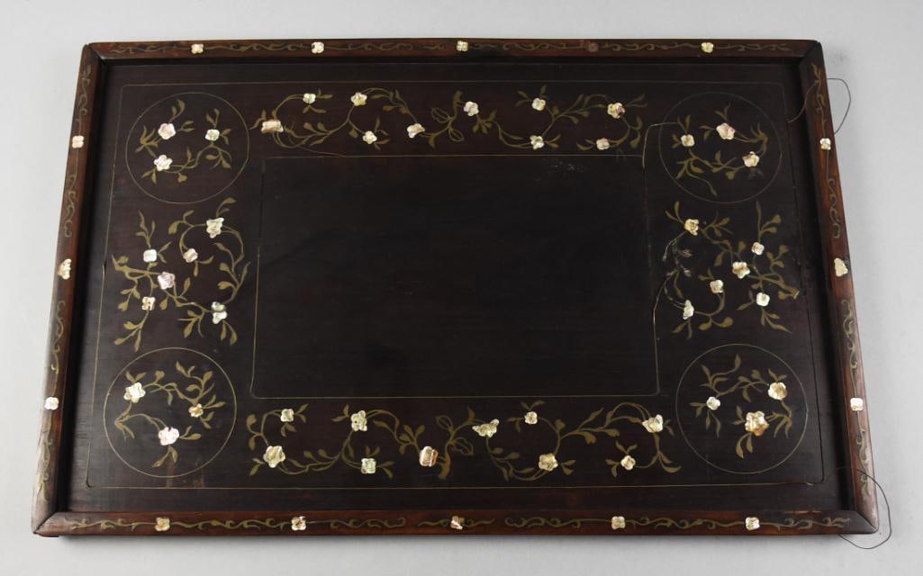 Vintage Chinese Rosewood & Mother of Pearl Tray: Great looking vintage tray of Chinese origin. It appears to be rosewood with inlay of mother of pearl in floral designs. Measures approx. 16" x 20".