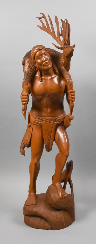 Large Hand Carved Wooden Native Hunter w/ Goat, 43" Tall (1 of 13)