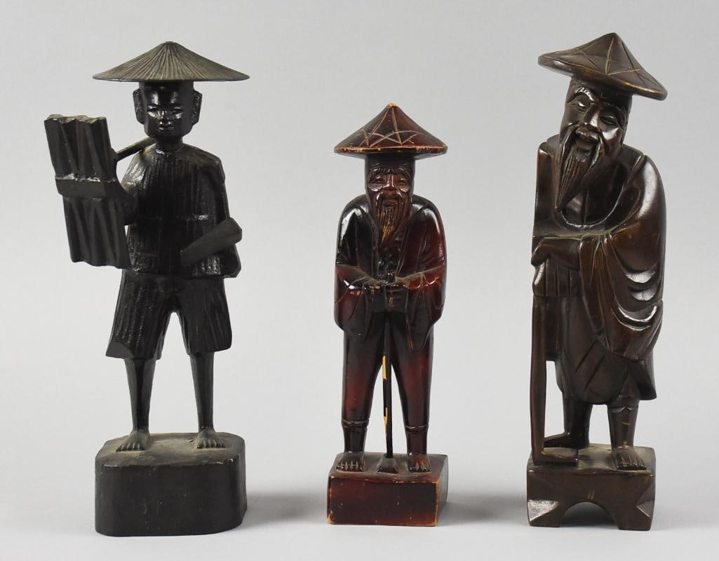 Vintage Hand Carved Chinese Elders & Laborer Figures: Cute vintage figures appear to be Chinese. They are hand carved with two being elderly gentlemen with long beards, one is a worker. All wearing conical hats. They are tall, approx. 10" to 12" tall wit
