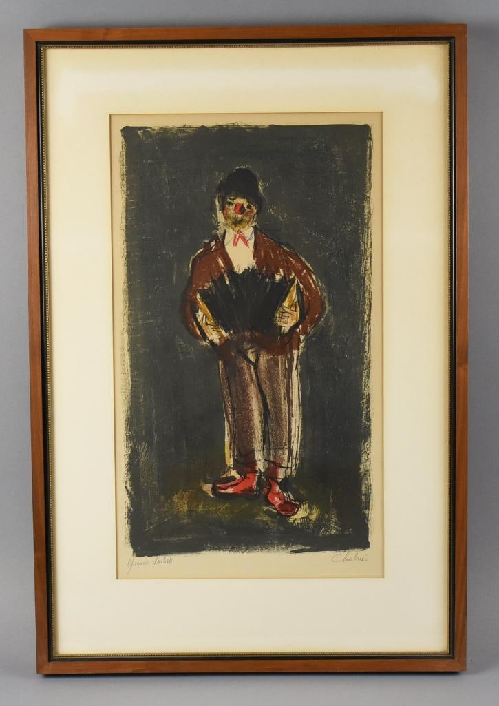 Nathalie Chabrier (b1932) Accordion Clown Artist Proof: This is a sweet artist proof lithograph from French artist Nathalie Chabrier (b1932). It is a clown playing an accordion. Signed in the lower left and lower right is French for artist proof. Nicely fr