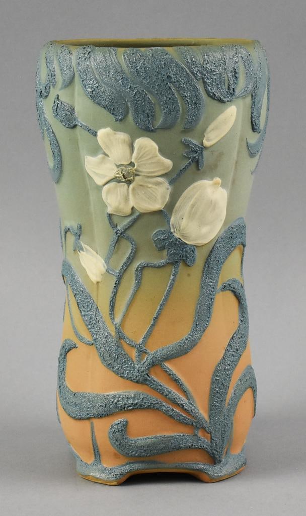 c1920 Art Nouveau Dogwood Vase, Stippled Glaze: This is a lovely piece of antique pottery, appears to come from the Midwest. Base glaze is a light blue, transitioning to a warm orange. Flowers have a light embossing and are hand painted in white.