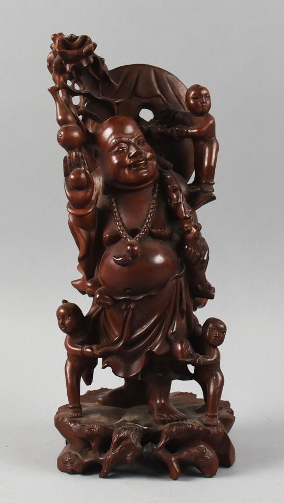 Vintage Chinese Laughing Buddha w/ Children, Hand Carved: Beautiful hand carved sculpture from China. It appears to be rosewood of a Laughing Buddha with children and a draped robe. No visible marks and stands approx. 15" tall.