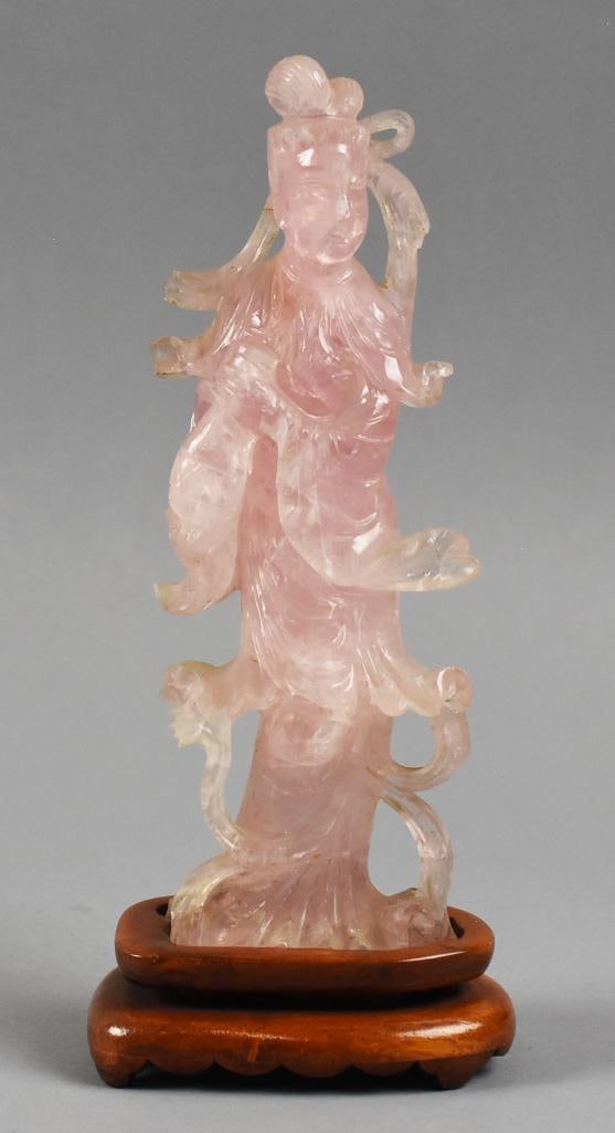 Vintage Chinese Hand Carved Guanyin Figure, Rose Quartz: This is a gorgeous and delicately carved Guanyin from China. She is carved from rose quartz, her robes with lots of movement. She comes on her own stand, custom. No visible marks, stands approx. 9" ta