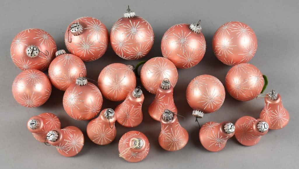 Vintage West Germany Glass Christmas Ornaments, Pink: These are wonderful vintage Christmas ornaments from West Germany. They are a pretty matte pink with sugared snowflakes on each. They include five larger balls, seven smaller and 10 bell shapes.