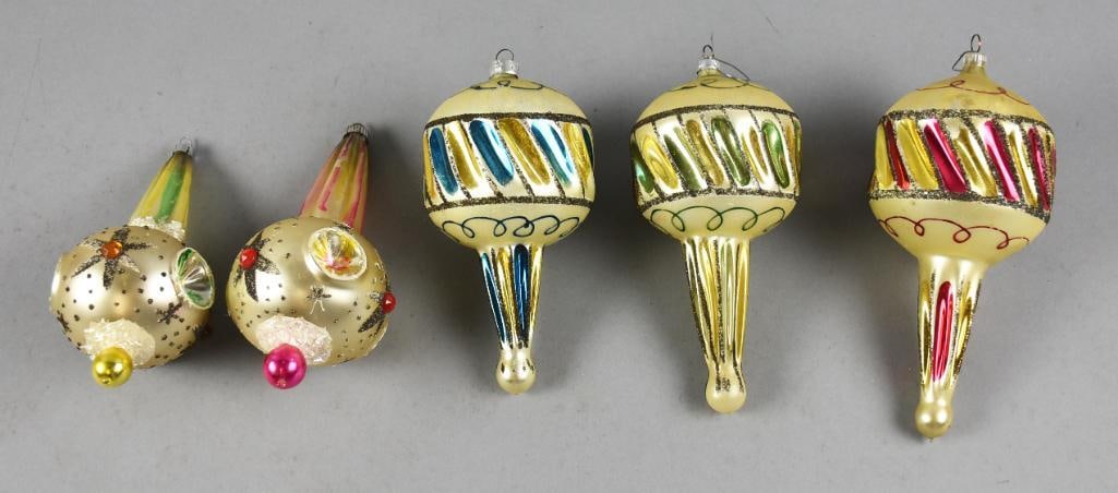 Antique Mercury Glass Hand Painted Christmas Ornaments: These beautiful pieces are antique Christmas ornaments made from mercury glass. They all appear hand painted with a glitter and sugar spray design. Caps appear original.