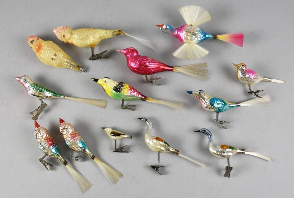Vintage & Antique Christmas Mercury Glass Bird Ornaments: These are beautiful antique and vintage glass bird ornaments in Mercury glass. They are a nice assortment with parrots, sparrows, geese and other basic birds. They have spun glass tails or wings.