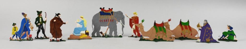 Antique Hans Heinrichsen Polychrome Painted Flat Nativity Set: Very cool and unique nativity set attributed to Hans Heinrichsen. These flat figures are hand painted polychrome. Includes Mary with baby, Joseph, wise men, camels and more. No visible marks and