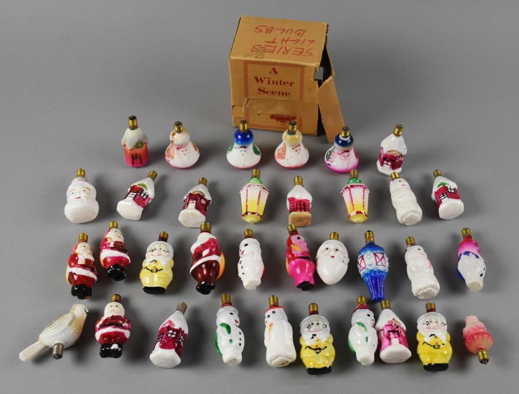 Vintage Milk Glass Figural Christmas Light Bulbs: This lot is for over 30 wonderful vintage Christmas light bulbs. These figural bulbs include Santas, lanterns, snowmen and more.?