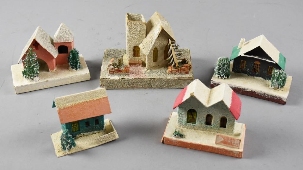 c1950 Japan & USA Made Christmas Putz Houses: Wonderful vintage Putz houses from the 1950s. Most were made in Japan and are stamped accordingly. One is from The Dolly Toy Company in Ohio and one does not have a visible mark, could also be