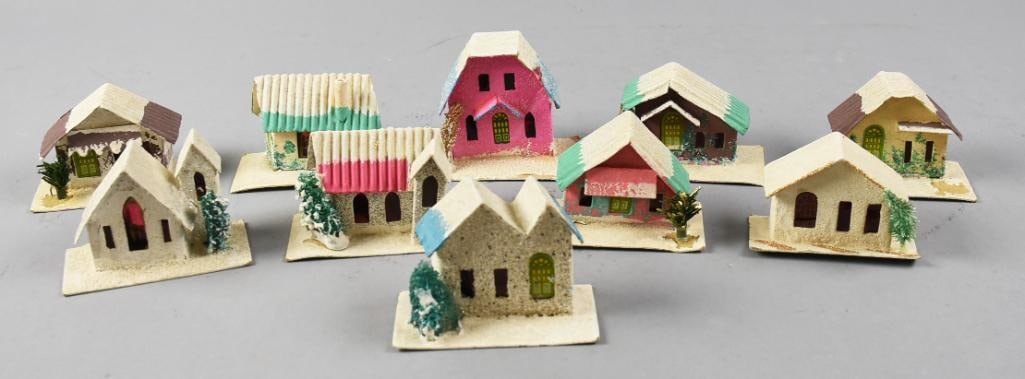 Vintage Japanese Cardboard Putz Christmas Village: These sweet little Putz houses are for a nice Christmas display. Each house appears cardboard and are painted with mica type flakes for snow and snowy trees. They are mainly little houses but do inclu