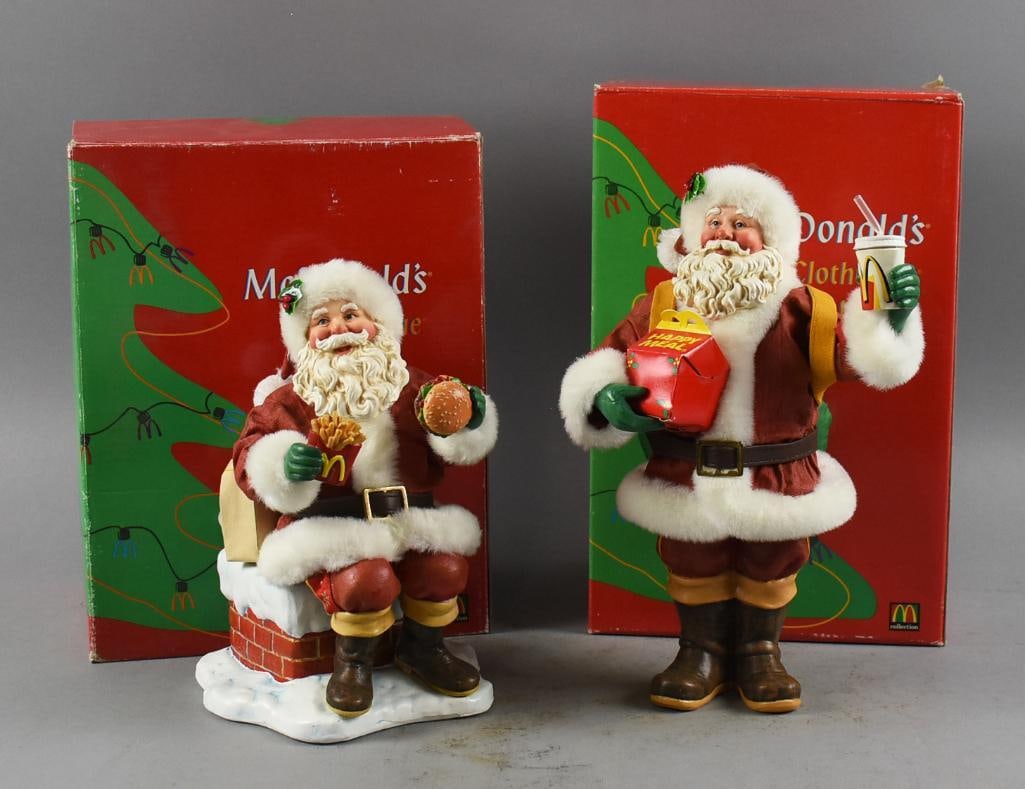 1998 McDonald's Possible Dreams Santa Claus, Original Boxes: These are cute Santa Claus figures for McDonald's by Possible Dreams, Clothtique. One Santa sitting on a chimney, the other standing while both are enjoying a McDonald's meal. They come in their