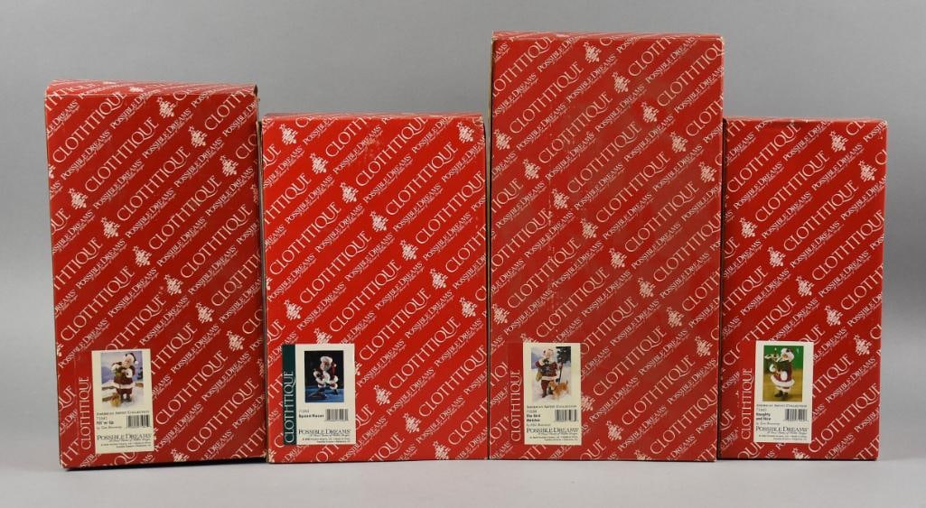 Possible Dreams Clothtique Santa Claus Figures, MIB: All these cute Santa figures will come in their original boxes. They are Possible Dreams Santa from Clothtique. They include: Fill 'er Up, Speed Racer, The Bird Watcher and Naughty and Nice.