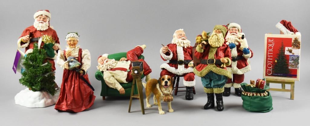 1980s-2000s Possible Dreams Clothtique Santa Claus Figures: Great looking loose Santa Claus figures from Possible Dreams, Clothtique collection. They are Santa sleeping in a chair, with his paint brush and easel, hugging a puppy and more.