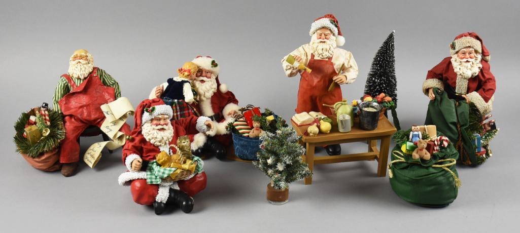1980s-2000s Possible Dreams Clothtique Santa Claus Figures: Fun lot of assorted Santa Claus figurines from Possible Dreams, Clothtique collection. They include Santa cooking, with his bag of goodies, a little girl on his lap and others. They are dated from