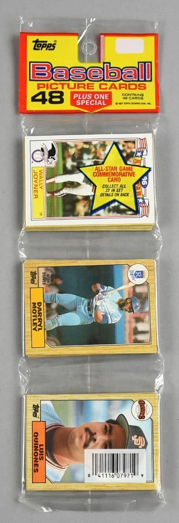 1987 Topps Baseball Picture Cards, 48 Cards PLUS: This 1987 Topps Rak Pack contains 48 cards, including one All Star Game Commemorative Card from the exclusive set of 22, featuring glossy photo cards of MLB All-Star players and managers. Sealed in