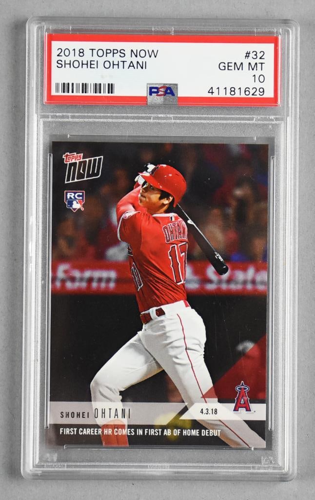 2018 Shohei Ohtani, PSA GEM MT 10 Topps Now: This 2018 Topps Now Shohei Ohtani (#32) trading card commemorates the player's first career home run, achieved during his home debut on April 3, 2018. Graded PSA GEM MT 10, the card is in pristine