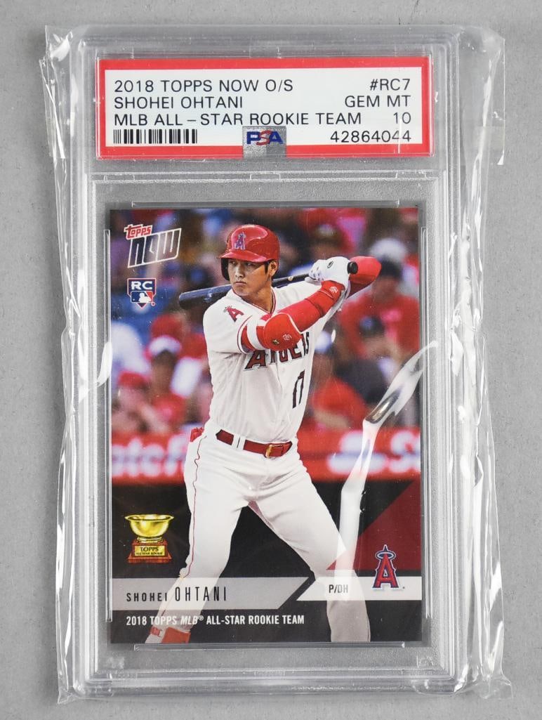 Ohtani ROOKIE 2018 Topps Shohei Ohtani GEM MT 10: This is a 2018 Topps Now Shohei Ohtani #RC7 rookie card, graded PSA GEM MT 10. Recognized as part of the MLB All-Star Rookie Team, this card celebrates Ohtani's historic debut season with the Angels,