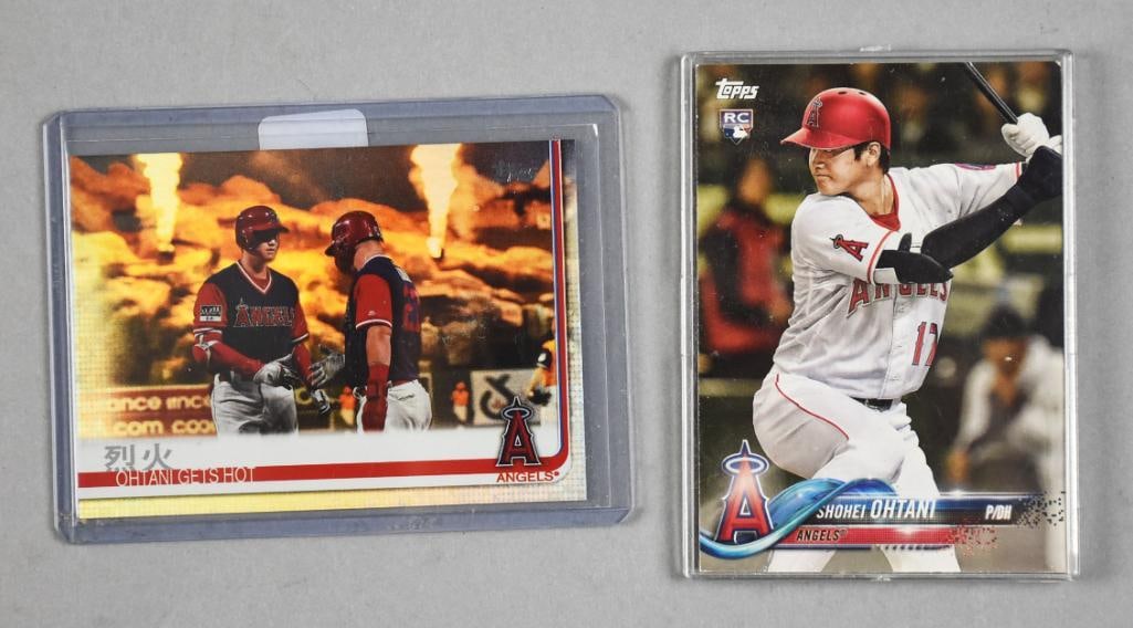 Topps Shohei Ohtani Baseball Cards: This lot includes two 2021 Topps baseball cards featuring Shohei Ohtani. The first card, #A17, highlights Ohtani during gameplay as a batter on the Los Angeles Angels' roster. The second, #367,