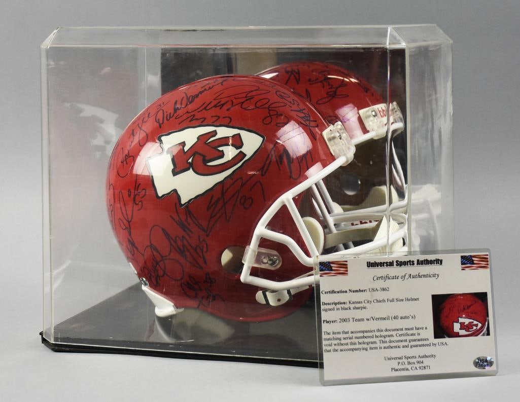 2003 Kansas City Chiefs Team Signed Full Helmet w/ COA: Own a piece of NFL history with this Kansas City Chiefs full-size replica helmet, autographed by 40 players and coach Dick Vermeil from the 2003 team. Signatures are in sharpie and include Vonnie