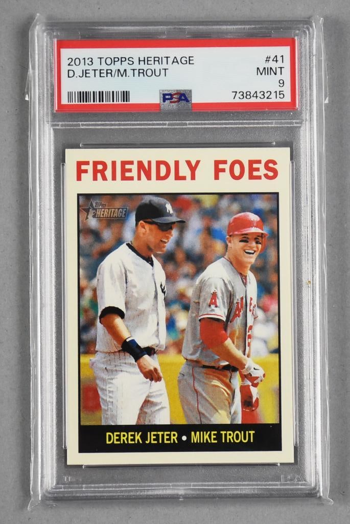 2013 Topps Heritage Trout & Jeter Friendly Foes PSA Mint 9: This 2013 Topps Heritage #41 baseball card features MLB icons Derek Jeter and Mike Trout, titled 'Friendly Foes.' The card highlights their shared legacy as two of the sport's most notable players.