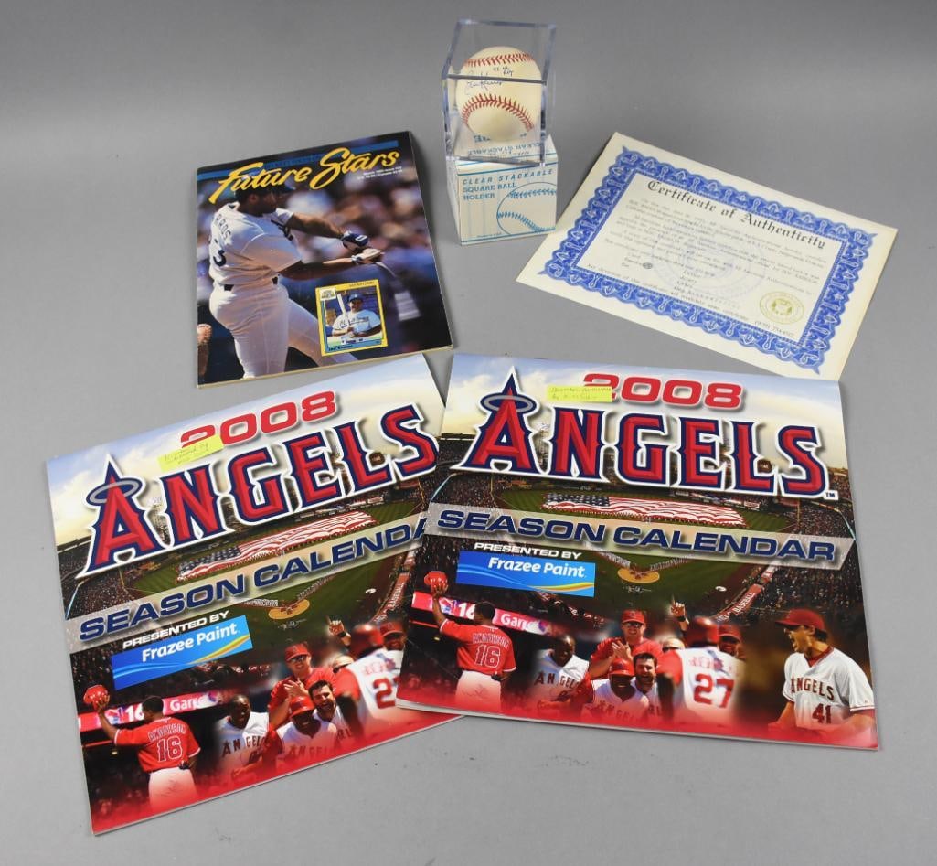 Dodgers Eric Karros Signed Ball, Anaheim Angels Calendars: Lot is for a pair of 2008 Anaheim Angels calendars featuring Mike Scioscia on the cover. Included is a signed baseball from former Los Angeles Dodgers first baseman, Eric Karros, includes a COA from