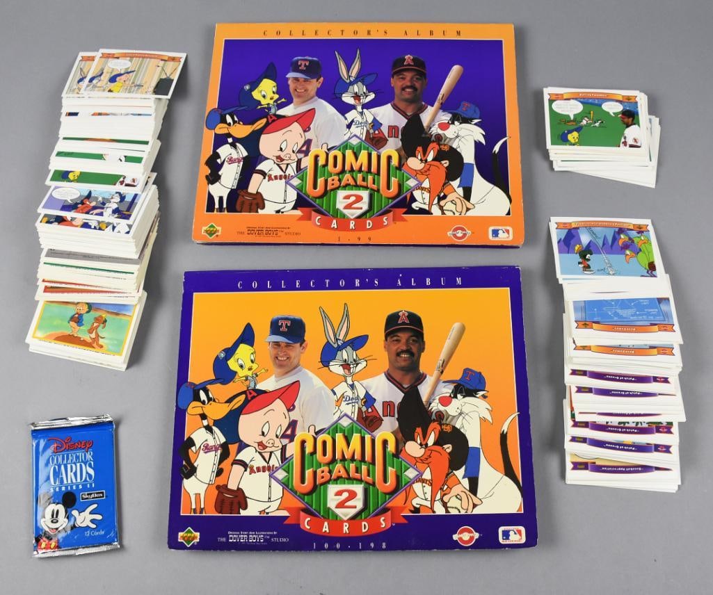 Comic Ball 2 and Disney Collector Cards with Albums: This lot includes a comprehensive assortment of Comic Ball 2 cards featuring Looney Tunes characters in baseball-themed artwork, accompanied by two collector's albums. Additionally, the set contains