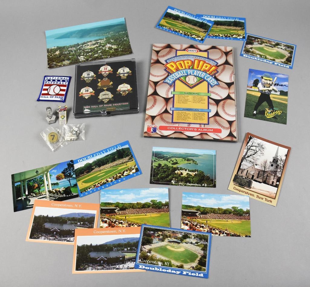 1990s Kraft Singles Baseball Cards, Cooperstown Memorabilia: This baseball-themed lot includes a variety of collectibles, highlighted by a set of 1990s Kraft Singles baseball cards capturing iconic player images. Also included are postally unused Cooperstown po