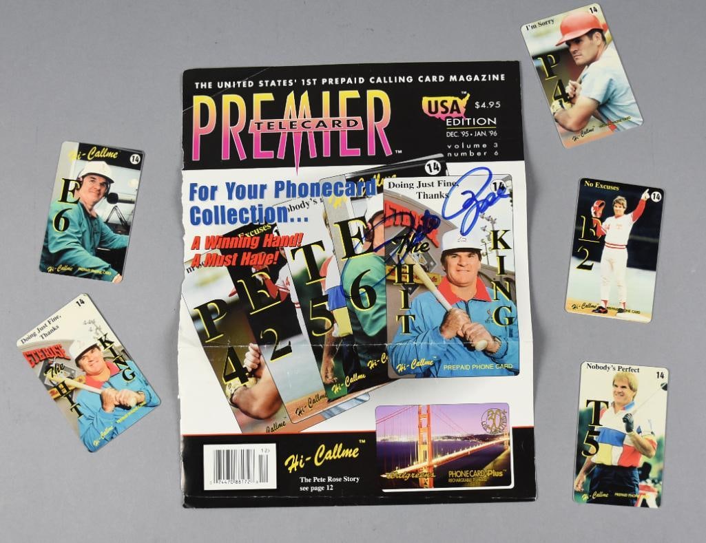 Signed Pete Rose Premier Telecard Phone Calling Cards: This lot includes a set of prepaid telephone calling cards issued by Premier Telecard, featuring baseball legend Pete Rose, known as 'Charlie Hustle.' Each of the five cards showcases a unique image