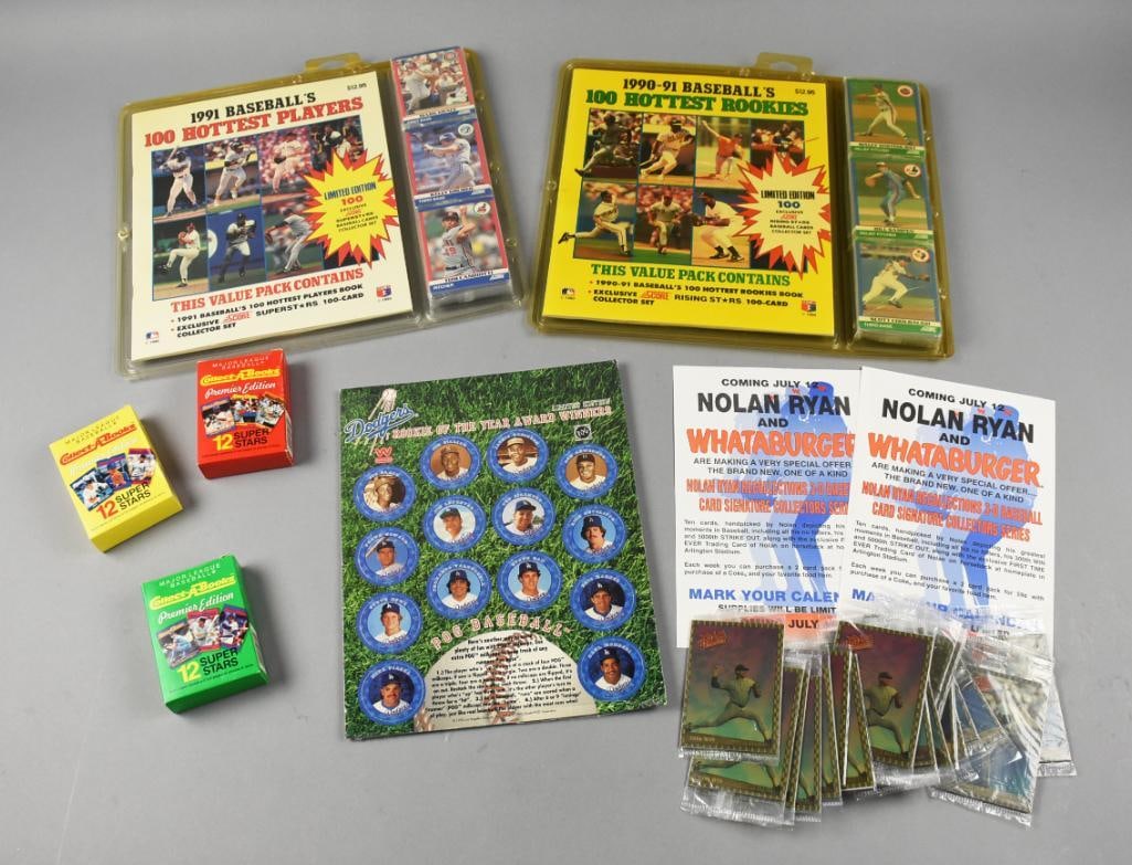 1990s MLB Assorted Cards, Books and POG Sheet: This big assortment includes Whataburger Nolan Ryan cards with duplicates, three different Collect-A-Books Premier Editions, Dodgers Rookie of the Year POG sheet - unpunched, 1990-91 Baseball's 100