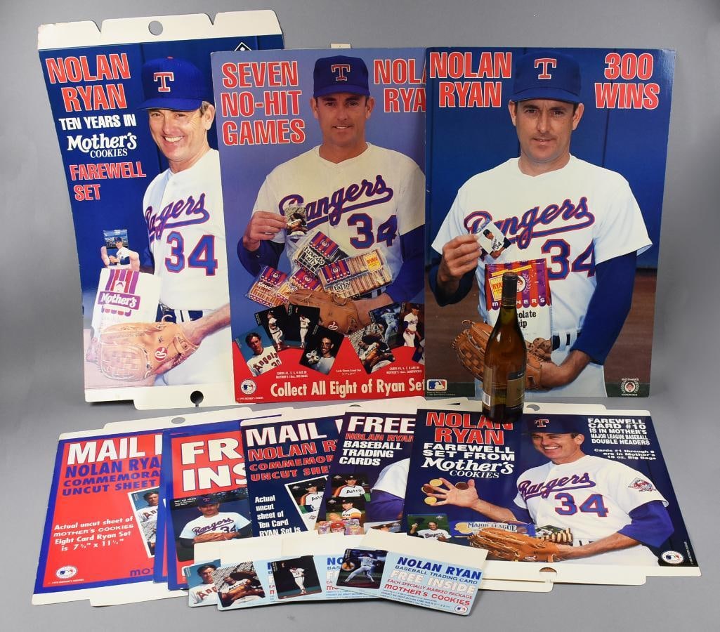 Nolan Ryan HOF Pitcher Mother's Cookies Adverts: Comprehensive collection of memorabilia celebrating Nolan Ryan's career, sponsored by Mother's Cookies. Includes promotional posters, trading cards, and mail-in offers. Items highlight milestones