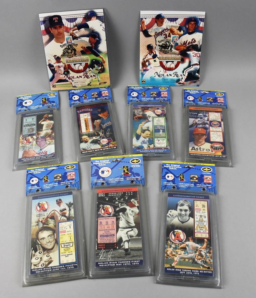 Nolan Ryan HOF Commemorative Tickets, Photos: This collection features a comprehensive set of commemorative tickets celebrating the legendary pitcher Nolan Ryan. Included are limited-edition collectible tickets, each encapsulated and detailing