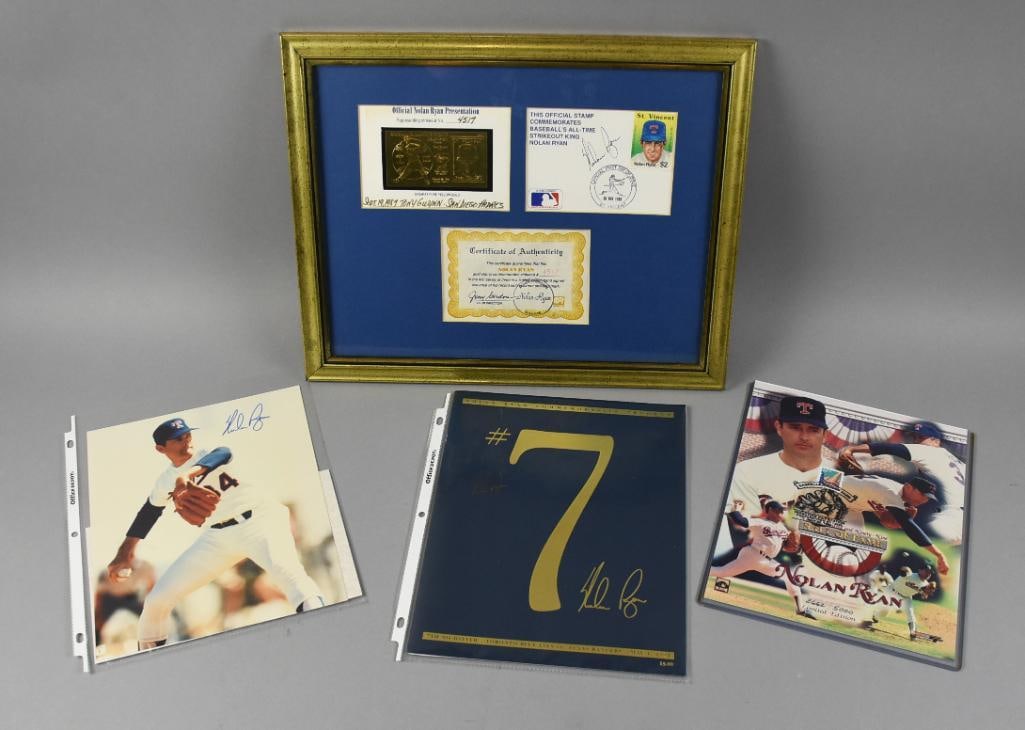 Nolan Ryan Hall of Fame Pitcher Signed Memorabilia: Wonderful lot with some great Nolan Ryan memorabilia. Ryan was inducted into the Hall of Fame in 1999. Throughout his career, he had a total of seven no hitters, a record he still holds today. These